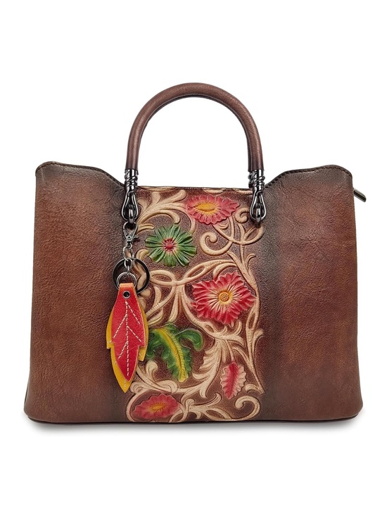 Handbags - Brown Floral Embossed Leather Satchel - Unbranded